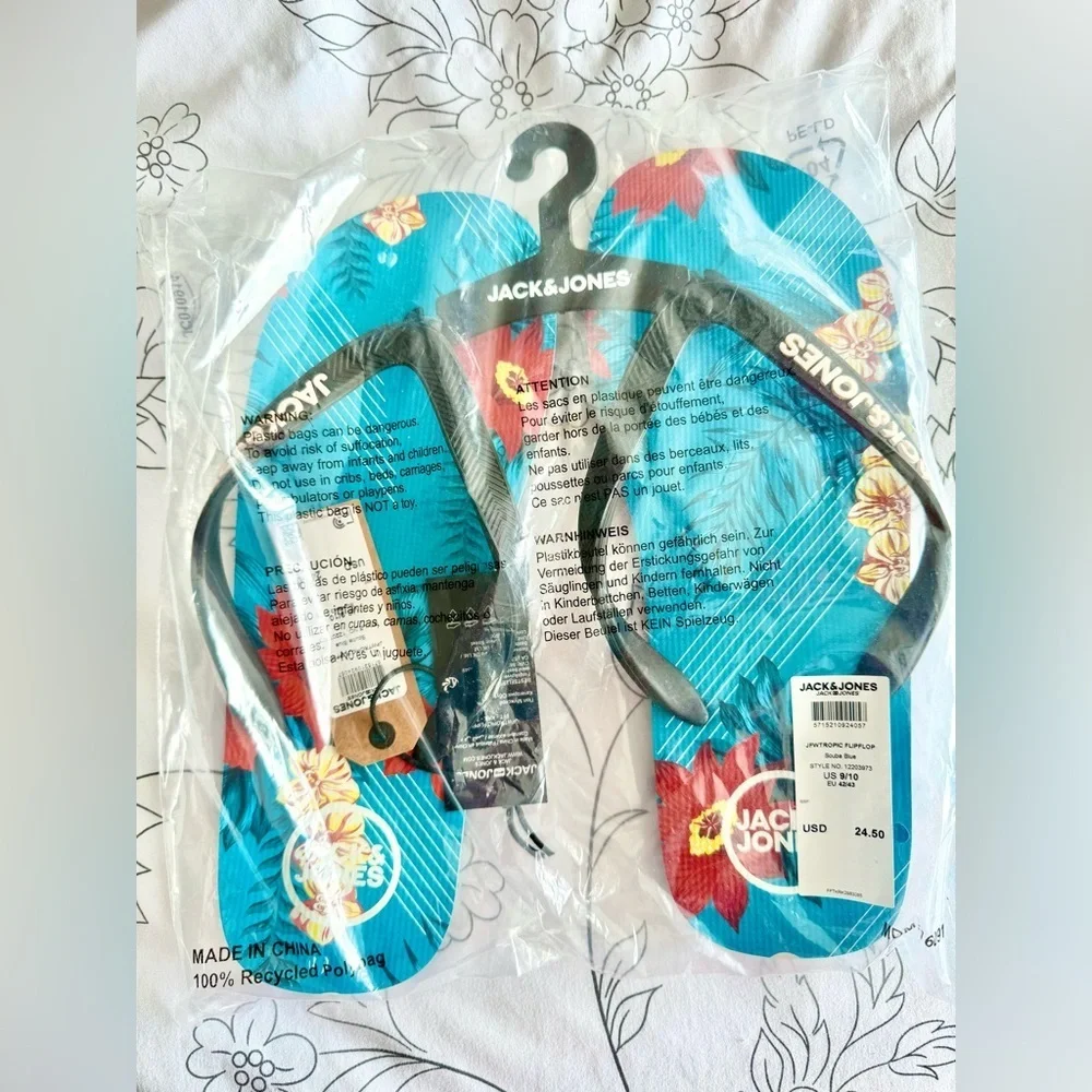 NEW Jack & Jones flip flops Tropical print in Scuba Blue Sz EU 42/43 & US 9/10